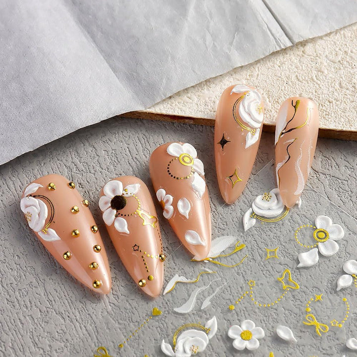 5D Geprägte Blume Nagelsticker Nagelfolie Selbstklebend Acryl Geschnitzte Blumen Nagelaufkleber Schmetterling Nail Sticker Blütenblätter Nageldesign Aufkleber Nägel Zubehör Flower Nail Art Stickers