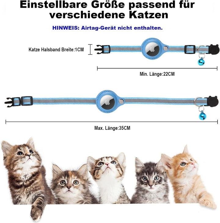 Zgardă pentru pisici Mouyou Airtag, zgardă reflectorizantă din nailon moale cu clopoțel și încuietoare de siguranță, zgardă de urmărire pentru pisici cu suport, husă Airtag reglabilă de la 22-34 cm, albastru
