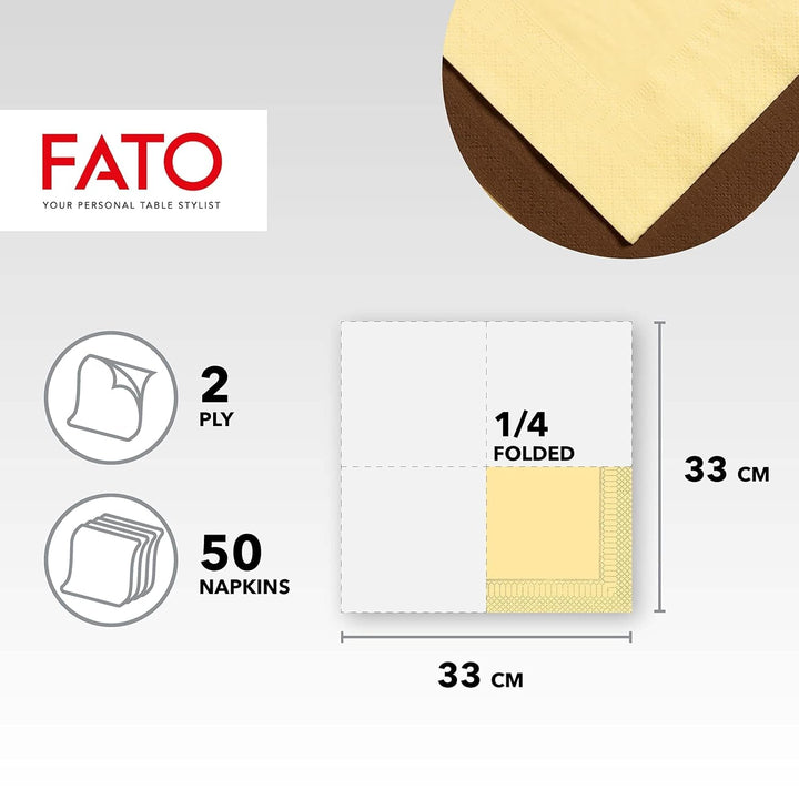 Fato - Șervețele de hârtie de unică folosință, ideale pentru prânzuri informale și bufete, pachet de 50 de șervețele, dimensiune 33X33, pliate în 4, 2 straturi, culoare șampanie, 100% hârtie din celuloză pură, FSC