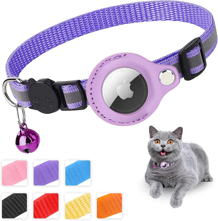 Zgardă pentru pisici Mouyou Airtag, zgardă reflectorizantă din nailon moale cu clopoțel și încuietoare de siguranță, zgardă de urmărire pentru pisici cu suport, husă Airtag reglabilă de la 22-34 cm, albastru