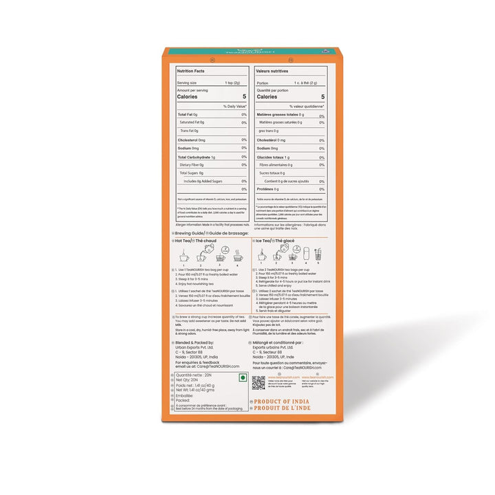 Teanourish Ghimbir Tulsi Ceai verde | 20 pliculețe de ceai piramidale | Darjeeling frunze întregi | Superalimente indiene Ghimbir, Tulsi &amp; Lemn dulce | Ameliorează stresul și favorizează digestia