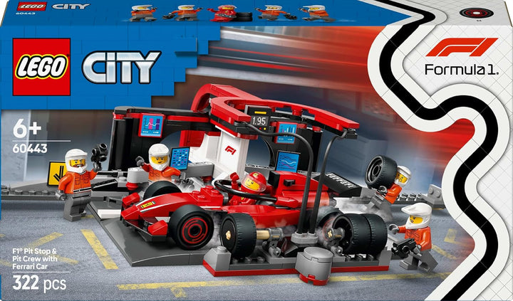 LEGO City F1 Pit Stop cu echipa și Ferrari Speedster - Set Formula 1 Pit Stop cu 1 pilot de curse și 4 minifigurine mecanice - Jucărie pentru mașini de curse pentru băieți și fete peste 6 ani - 60443 Seturi de constructie Besuche den LEGO-Store