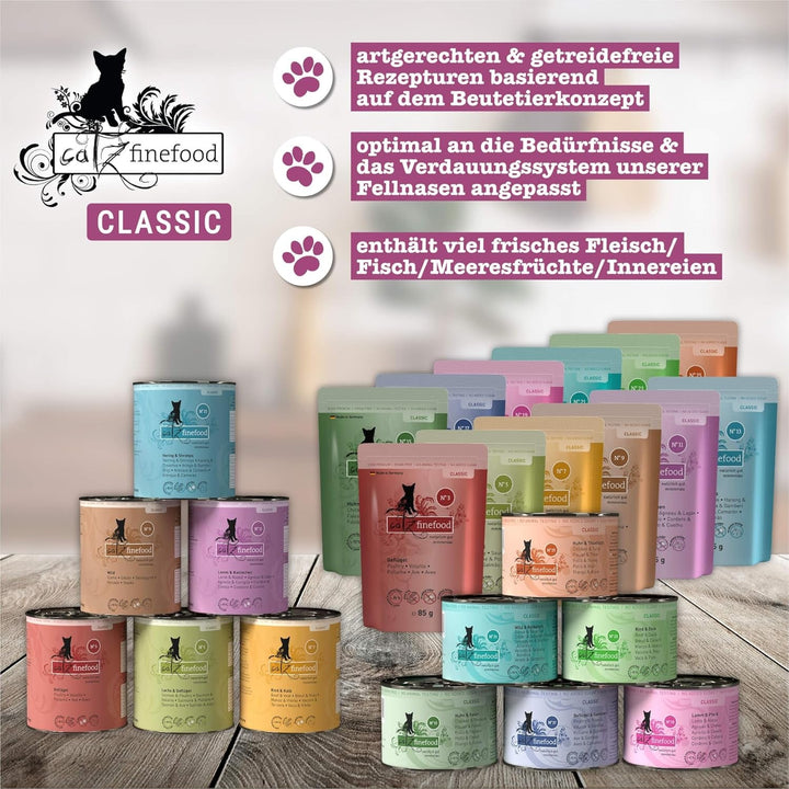 Catz Finefood Classic Collection Cat Food Wet XXL Mix Pack - Hrană umedă gourmet pentru pisica dvs. fără zahăr și cereale, fără gluten - cu conținut ridicat de carne, fabricată în Germania (12 X cutii de 400G)