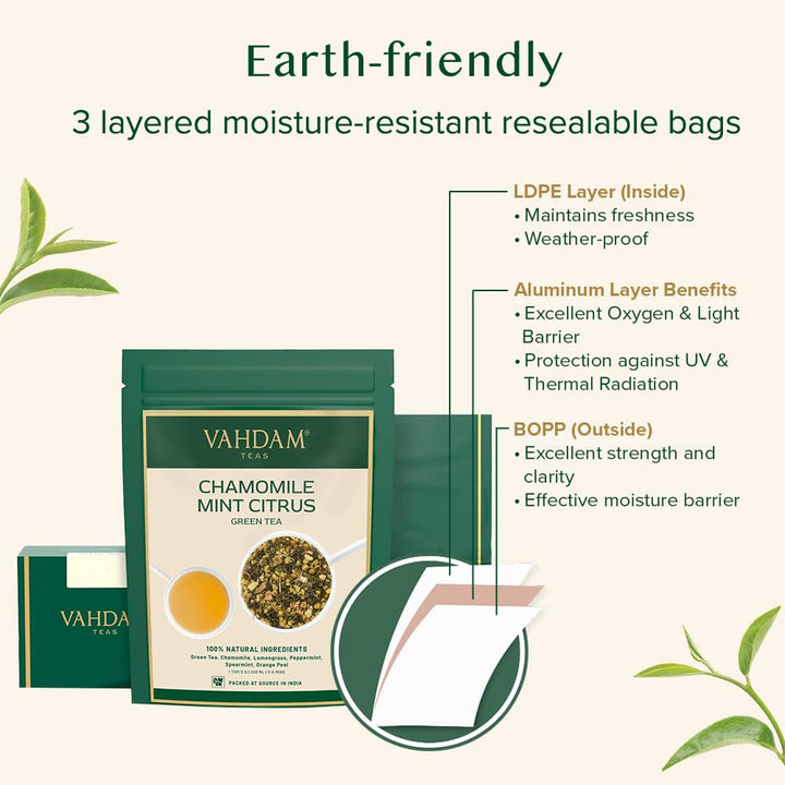 VAHDAM, ceai verde cu mușețel, mentă și citrice (100 g) Ceai natural 100% | Ceai verde, flori de mușețel, mentă, coji de portocală, ceai de mușețel | Direct de la sursa din India