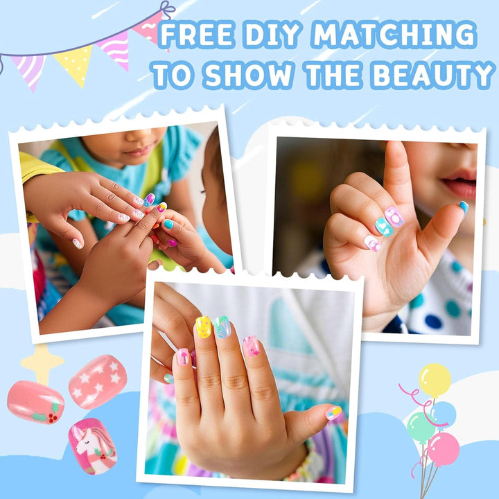 Set de unghii false - 120 de bucăți de unghii autoadezive pentru copii cu lipici de unghii, set de unghii artificiale autoadezive cu acoperire completă, unghii false pentru fete cu mâini mici (colorat A, 120X)