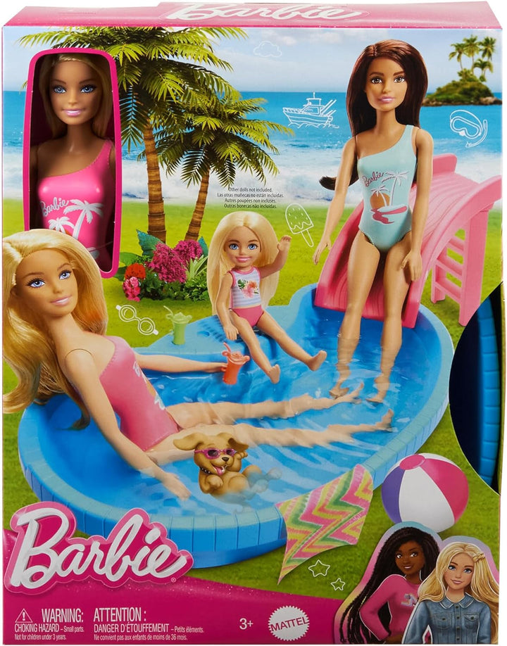 Păpușă Barbie și accesorii - piscină cu tobogan și accesorii pentru ore de distracție la soare, costum de baie roz cu design tropical, pentru copii de la 3 ani, HRJ74 Casute de papusi Naty Shop