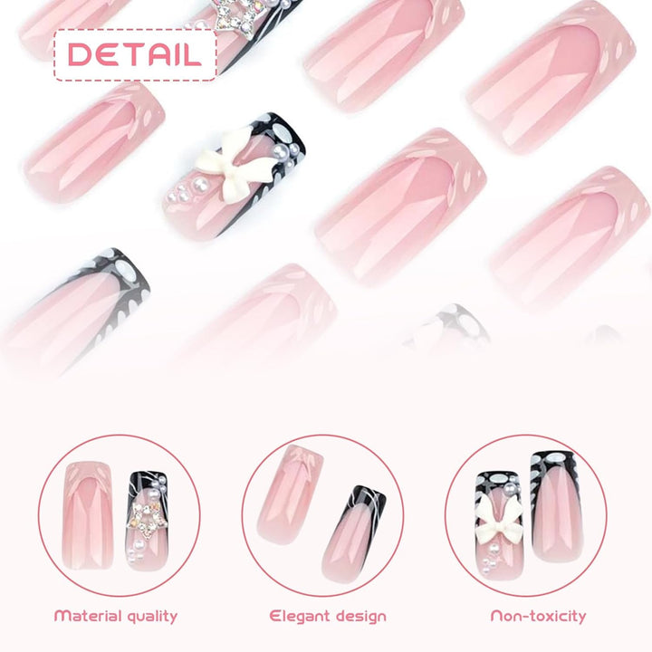 24 bucăți unghii false de lungime medie, cu strasuri, roz, pătrate, perlate, strălucitoare, unghii false 3D pentru femei și fete