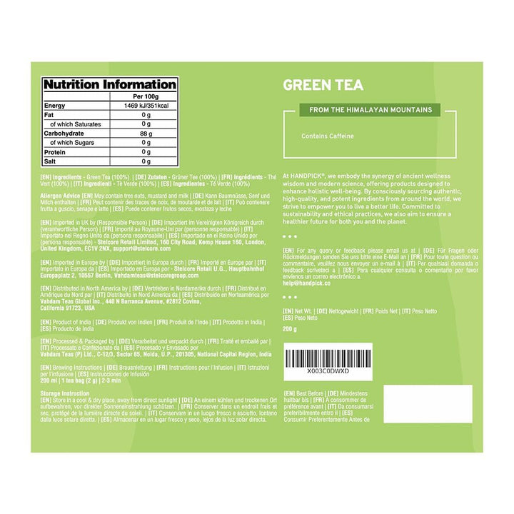 HANDPICK, pliculețe de ceai verde (100 pliculețe) Fără gluten și ceai verde pur | Pliculețe rotunde de ceai verde, fără adeziv, fără înălbitor, fără sfori | Ceai fierbinte/Kombucha sau infuzat la rece | Ceai verde