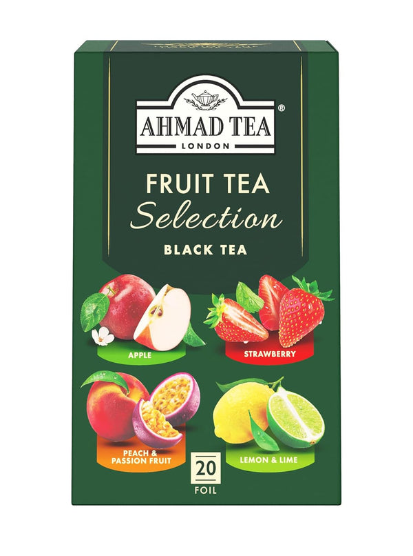 Ahmad Tea - Fruit Tea Selection - Sortiment de ceaiuri de fructe din ceai negru - Măr, piersică și fructul pasiunii, căpșuni, lămâie și lime - Ambalate individual și sigilate pentru păstrarea aromelor - 20 pliculețe de ceai cu bandă