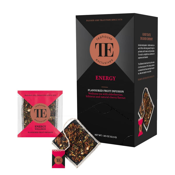 Teahouse Exclusives Luxury Tea Bag Energie, 15 pliculețe - Ceai wellness cu fructe de soc, hibiscus și aromă naturală de cireșe