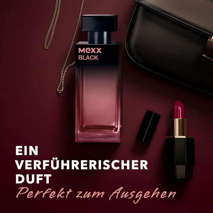 Apă de toaletă MEXX BLACK Woman, parfum captivant și intens cu note fructate pentru femei senzuale, 30 ml