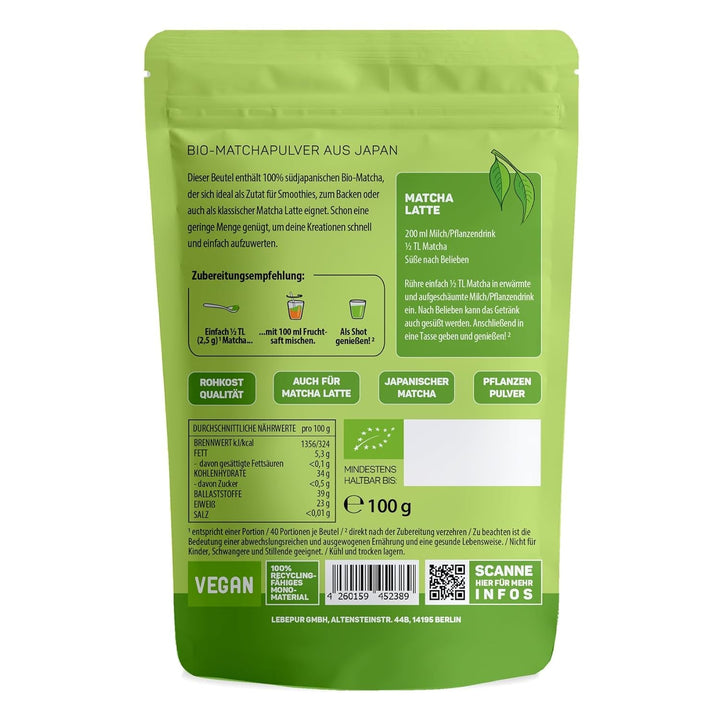 Lebepur BIO Matcha Pulbere 100G - Calitate premium din Japonia Fără aditivi - 100% pulbere de ceai verde pură pentru Matcha Latte, ceai Matcha, ceai verde, smoothie - Ceai verde japonez