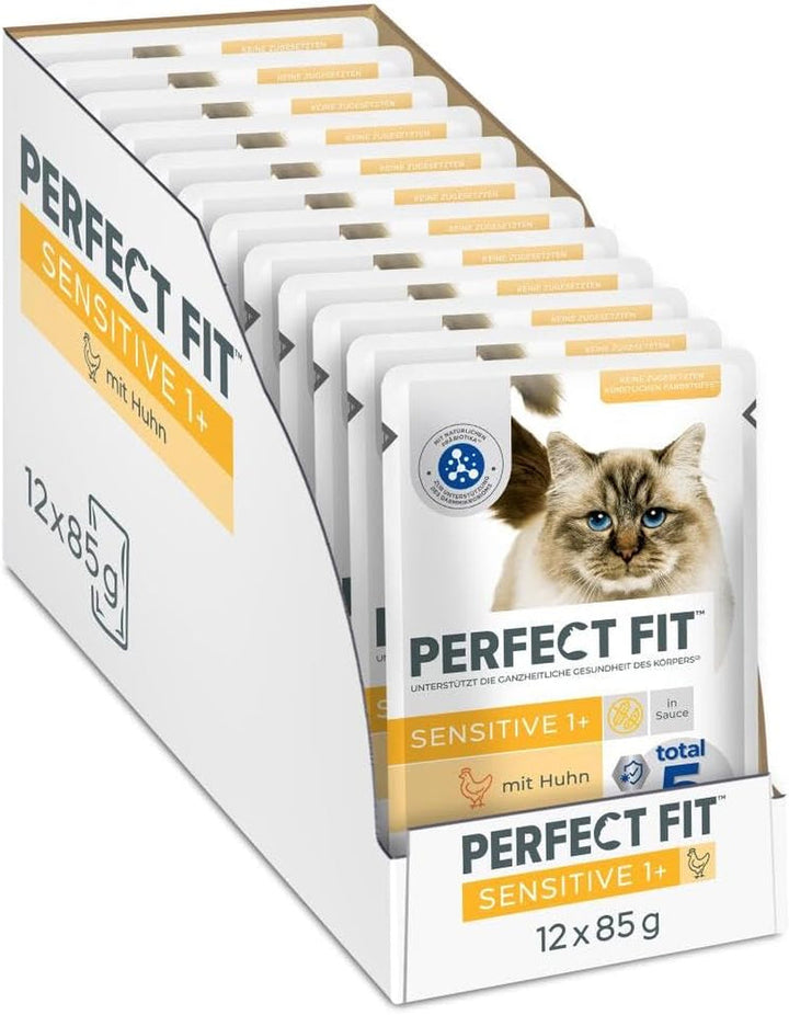 Perfect Fit Sensitive 1+ hrană umedă pentru pisici cu pui în sos, 12 pungi porție, 12X85G - Hrană umedă premium pentru pisici, Pentru pisici sensibile de la 1 an, Fără grâu și soia, Pentru susținerea digestiei