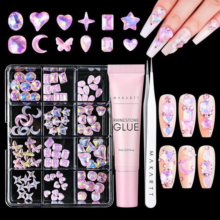 Gel adeziv pentru strasuri Makartt - Set de adeziv UV pentru unghii 15ml cu brelocuri roz pentru unghii, bijuterii pentru unghii în formă de inimă și cerc și accesorii pentru designul unghiilor, pentru manichiură acasă, cadou de Ziua Îndrăgostiților