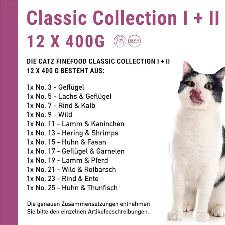 Catz Finefood Classic Collection Cat Food Wet XXL Mix Pack - Hrană umedă gourmet pentru pisica dvs. fără zahăr și cereale, fără gluten - cu conținut ridicat de carne, fabricată în Germania (12 X cutii de 400G)