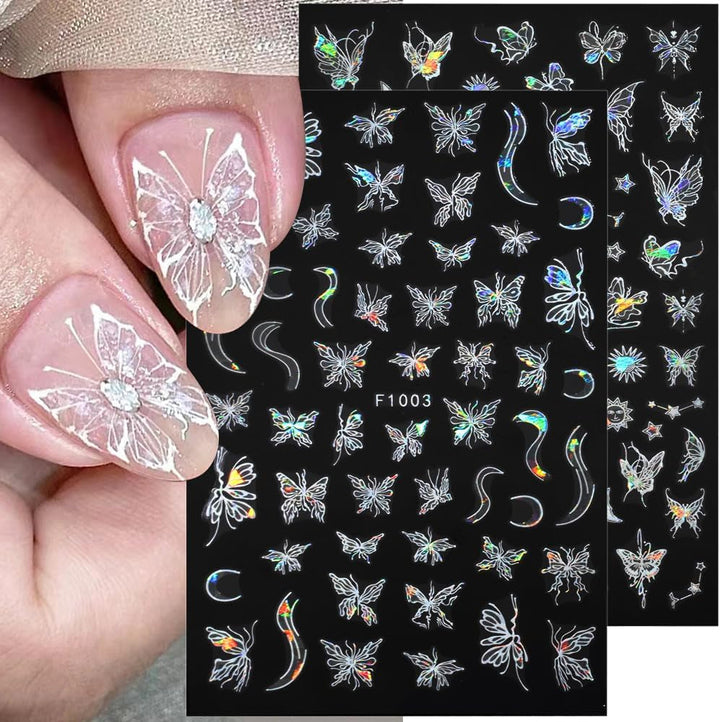 4 Blätter Holographisch Laser Weiß Schmetterling Nagelsticker,Y2K Aurora Schmetterlinge Stern Nail Sticker 3D Flamme Herz Nageldesign Nagelsticker Selbstklebend Nagel Sticker Nagel Zubehör Nail Art