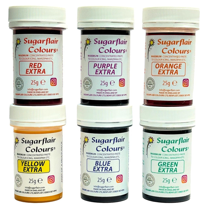 Set de coloranți alimentari Sugarflair Max Concentrated/6, colorant alimentar în pastă Max Concentrate, EXTRA albastru, roșu, portocaliu, galben, verde, violet - 6x25g