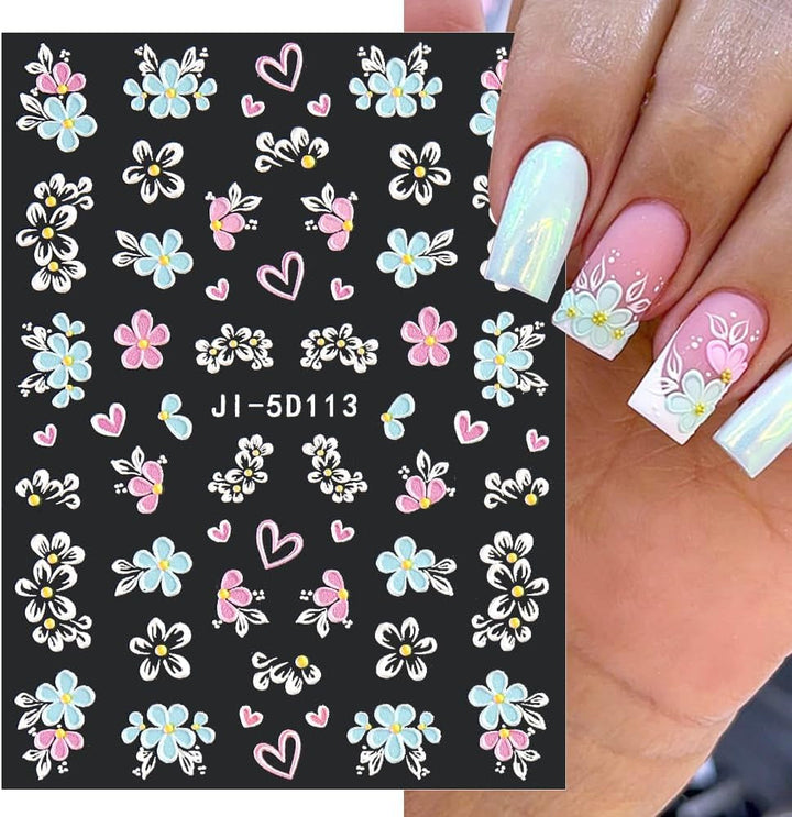 5D Geprägte Blume Nagelsticker Nagelfolie Selbstklebend Acryl Geschnitzte Blumen Nagelaufkleber Schmetterling Nail Sticker Blütenblätter Nageldesign Aufkleber Nägel Zubehör Flower Nail Art Stickers