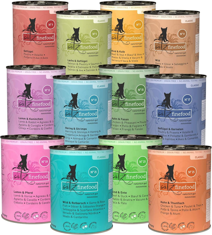 Catz Finefood Classic Collection Cat Food Wet XXL Mix Pack - Hrană umedă gourmet pentru pisica dvs. fără zahăr și cereale, fără gluten - cu conținut ridicat de carne, fabricată în Germania (12 X cutii de 400G)
