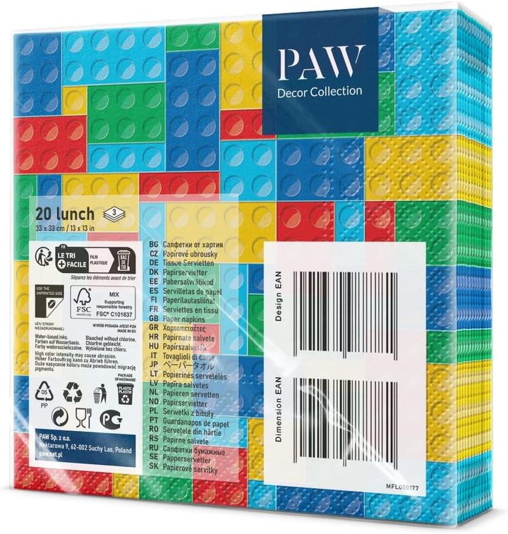 PAW - Șervețele 3 straturi (33 X 33 Cm) I 20 bucăți I Perfect pentru zilele de naștere ale copiilor, petreceri, comuniuni și sărbători I Șervețele de hârtie colorate cu motivul petrecerii I Blocuri, petreceri, jucării - Cărămizi colorate