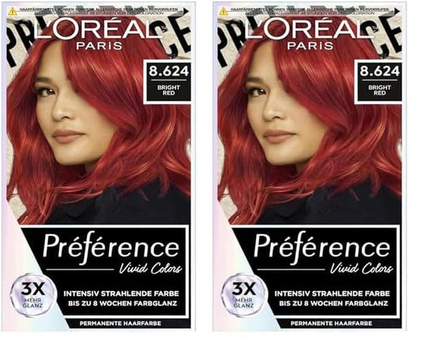 L'Oréal Paris Intensive permanent hair color, Până la 8 săptămâni de păr strălucitor și culoare intensă, Préférence Vivid Colors, Culoare: 8.624 BRIGHT RED, 1 buc (pachet de 2) Vopsea pentru par Naty Shop Titlu implicit