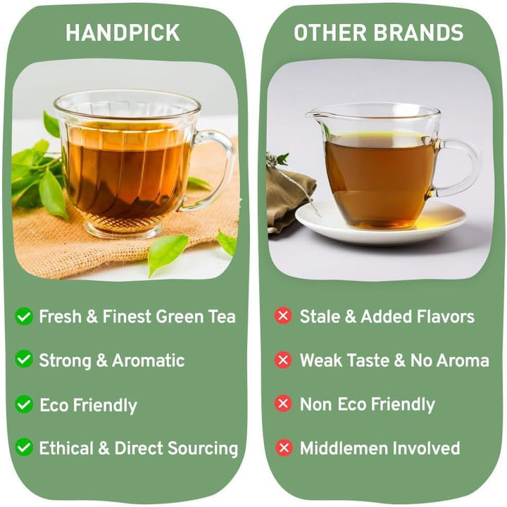 HANDPICK, pliculețe de ceai verde - 25 bucăți | 100% frunze de ceai verde pur din Himalaya, India | Plicuțe de ceai verde ecologice, preparare la cald sau rece