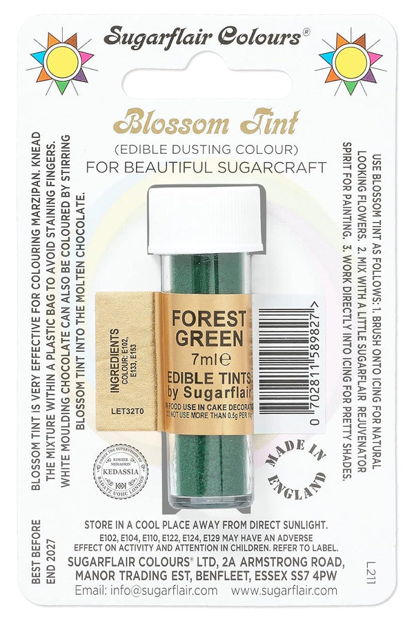 Colorant alimentar pudră Sugarflair Blossom Tint Dusting Verde Pădure - Pudră de colorant alimentar pentru decorarea pastei de zahăr colorate, fondantului, glazurii, ciocolatei, cremei de unt, macaroanelor - 7ml