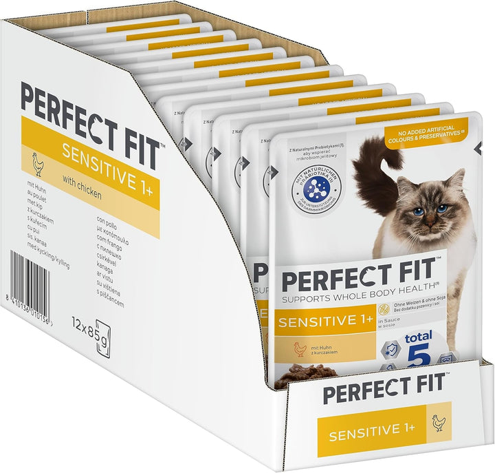 Perfect Fit Sensitive 1+ hrană umedă pentru pisici cu pui în sos, 12 pungi porție, 12X85G - Hrană umedă premium pentru pisici, Pentru pisici sensibile de la 1 an, Fără grâu și soia, Pentru susținerea digestiei
