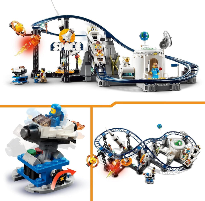 LEGO 31142 Creator 3-In-1 Rollercoaster spațial, kit de jucărie pentru bâlci cu cărucioare funcționale, convertibil în turn de cădere liberă sau carusel cu rachete și cărămizi strălucitoare Seturi de constructie Besuche den LEGO-Store
