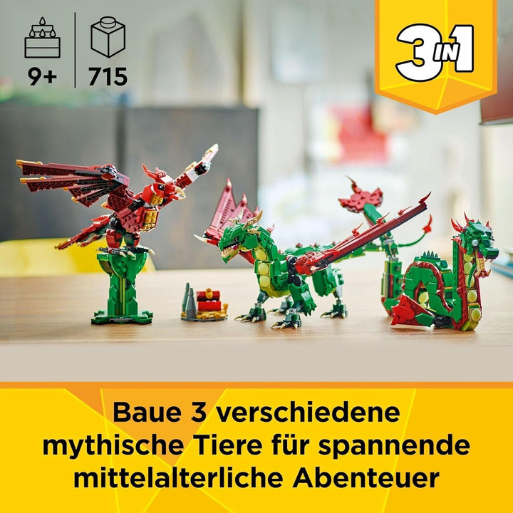 LEGO Creator 3In1 Green Dragon - Jucărie - Convertibil în șarpe de mare sau Phoenix - Jucărie de construit cu animale pentru copii - Cadou pentru băieți și fete de la 9 ani 31161 Seturi de constructie Besuche den LEGO-Store