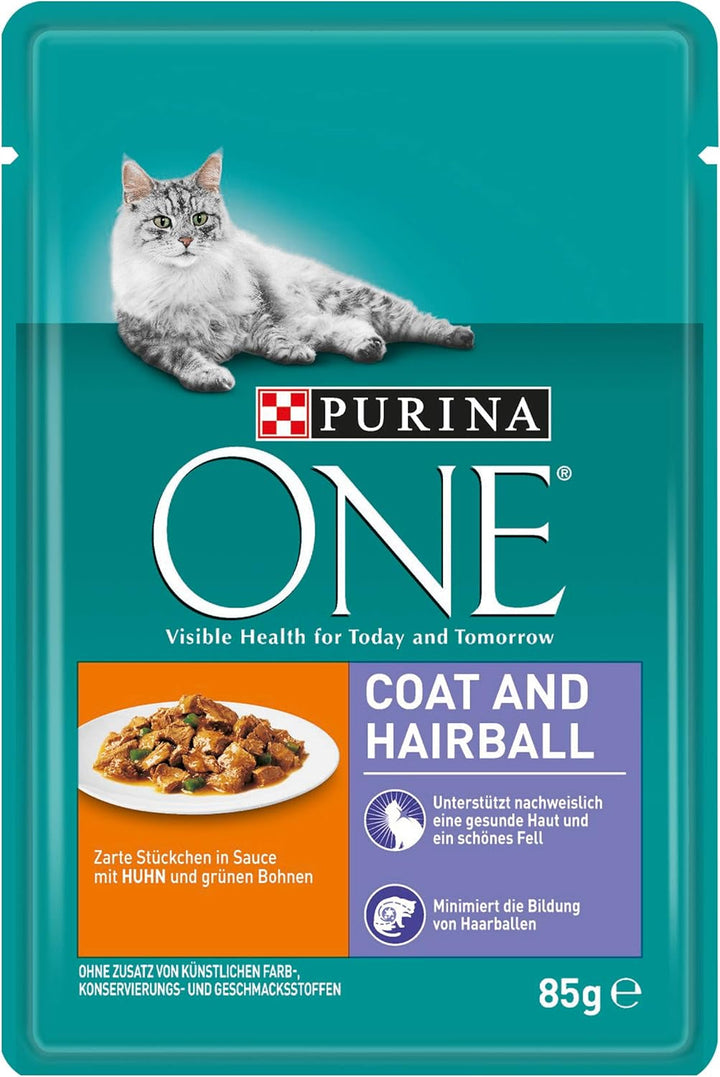 PURINA ONE Coat & Hairball Hrană umedă pentru pisici în sos, cu pui, pachet de 26 (26 X 85G)