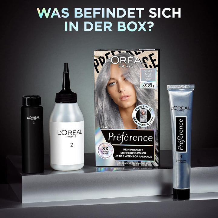 L'Oréal Paris Intensive permanent hair color, Până la 8 săptămâni de păr strălucitor și culoare intensă, Préférence Vivid Colors, Culoare: 10.112 SILVER GREY, 1 buc (pachet de 2) Vopsea pentru par Naty Shop