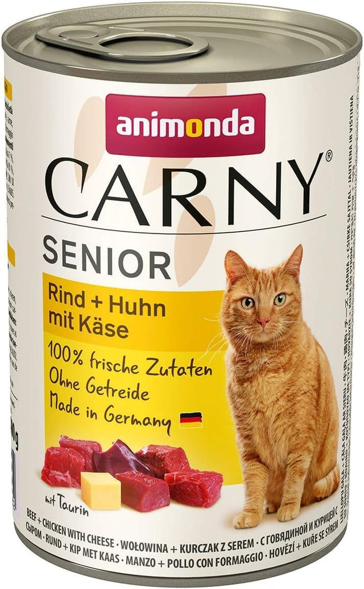 Carny Cat Wet Food Senior Beef + Chicken + Cheese (6 X 200G), hrană umedă pentru pisici de la Animonda fără cereale și zahăr pentru pisici de la 7 ani cu ingrediente proaspete și cărnoase