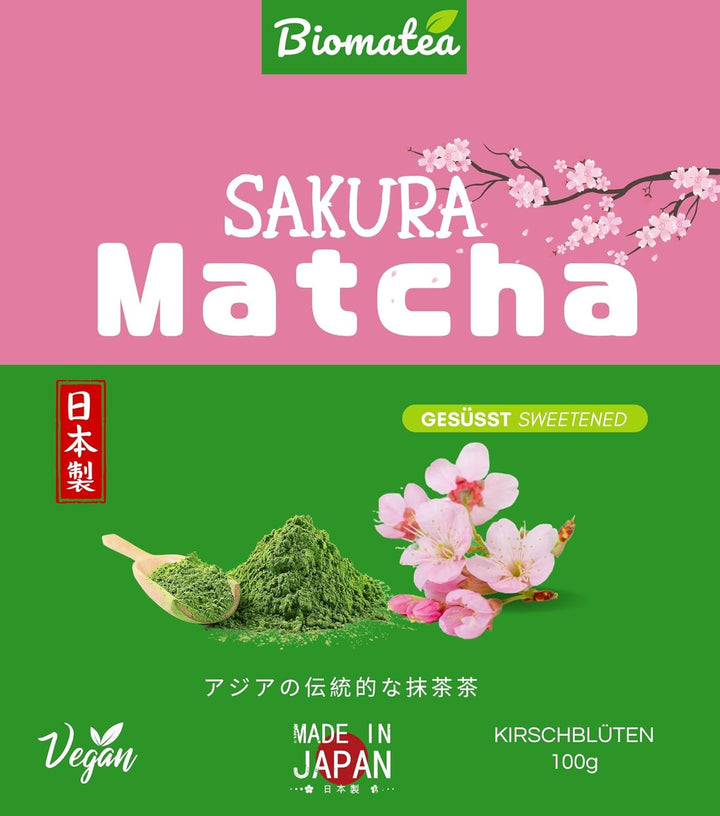 Pudră Matcha aromatizată – piersică japoneză, sakura sau mango – îndulcită – 100 g – solubilă instantaneu în apă sau lapte (Sakura)
