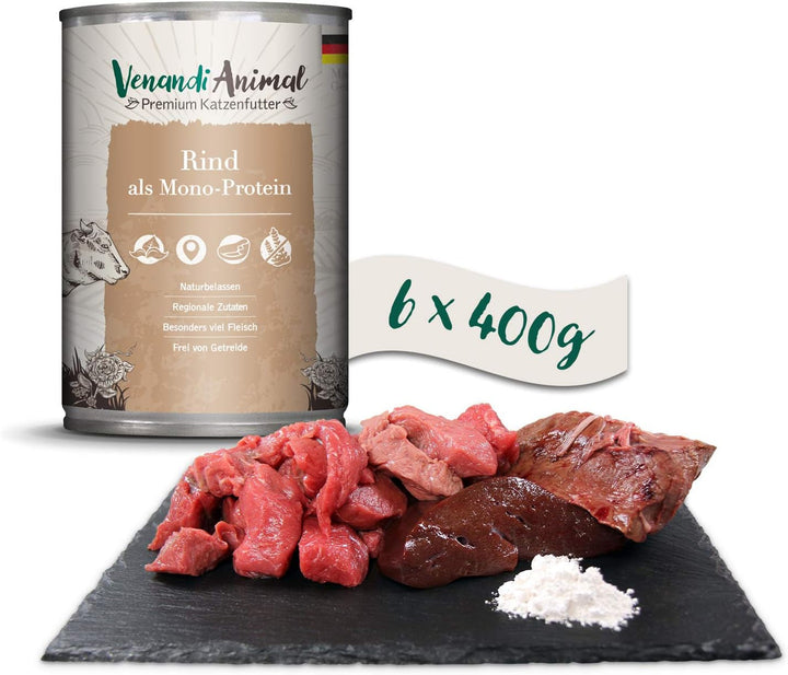 Venandi Animal - Hrană umedă premium pentru pisici - Beef as monoprotein 6-pack (6 X 400 G), fără cereale, monoproteină