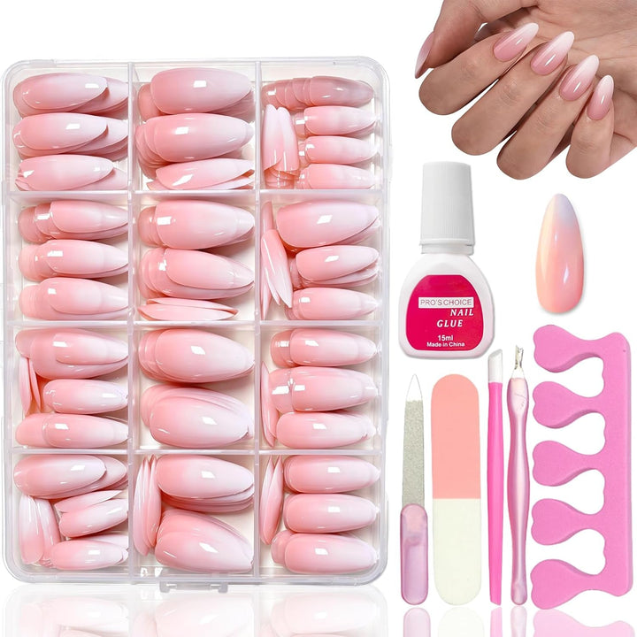 Kit unghii false 360 piese - Unghii artificiale scurte, nud, roz, alb, gradient - Unghii artificiale pătrate pentru lipit - Unghii autoadezive cu acoperire completă, lucioase, pentru femei și fete (pătrat)