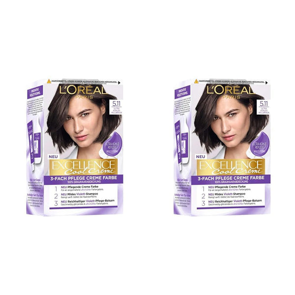 L'Oréal Paris Vopsea de păr permanentă cu rezultat de culoare ultra rece, acoperire 100% a părului gri, set cu colorant, șampon și cremă de îngrijire, Excellence Cool, nr. 5.11 Light Brown (Brown) (pachet de 2) Vopsea pentru par Naty Shop Titlu implicit