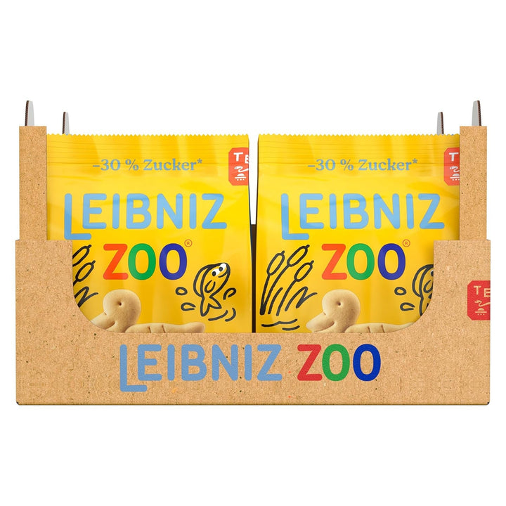 LEIBNIZ ZOO -30% Zahăr, Pachet de 12, Fursecuri cu unt cu motive animale, Fursecuri crocante cu mai puțin zahăr, Pachet vrac pentru stoc sau pentru vânzare (12 x 125 g)
