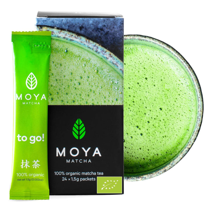 Moya Matcha to Go! Organic | Cutie cu 24 de pachete de 1,5 g | Matcha to Go! Ceai sau inclus cu un shaker de sticlă (24 bucăți x 1,5 g Matcha to Go Sticks)