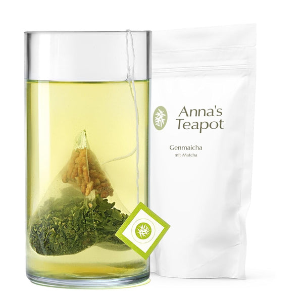 Ceai verde organic Genmaicha Anna'S Teapot - Ceai verde japonez în pliculețe cu orez brun prăjit și Matcha - 20 pliculețe piramidale în pungă resigilabilă