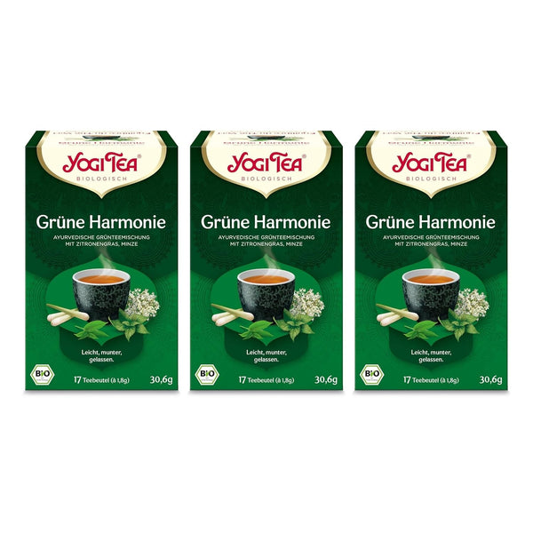 Yogi Tea - Armonie verde, ceai ayurvedic organic cu mirodenii și plante, amestec de ceai verde, lemongrass, mentă, Yogi Tea pachet de 3, 3X17 pliculețe (51 pliculețe de ceai în total), ideal ca cadou