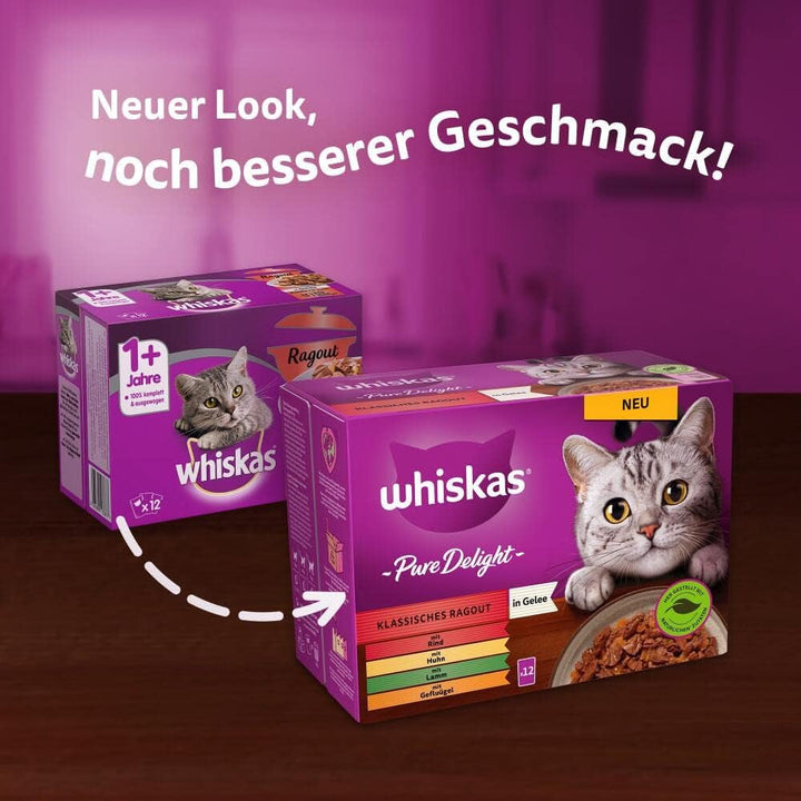 Hrană pentru pisici Whiskas 1+ Pure Delight Classic Selection in Jelly, 12X85G (4 pachete) - Hrană umedă de calitate superioară pentru pisici adulte în 48 de plicuri