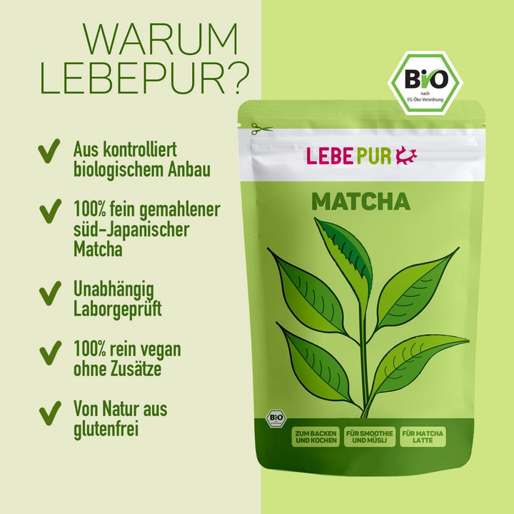 Lebepur BIO Matcha Pulbere 100G - Calitate premium din Japonia Fără aditivi - 100% pulbere de ceai verde pură pentru Matcha Latte, ceai Matcha, ceai verde, smoothie - Ceai verde japonez