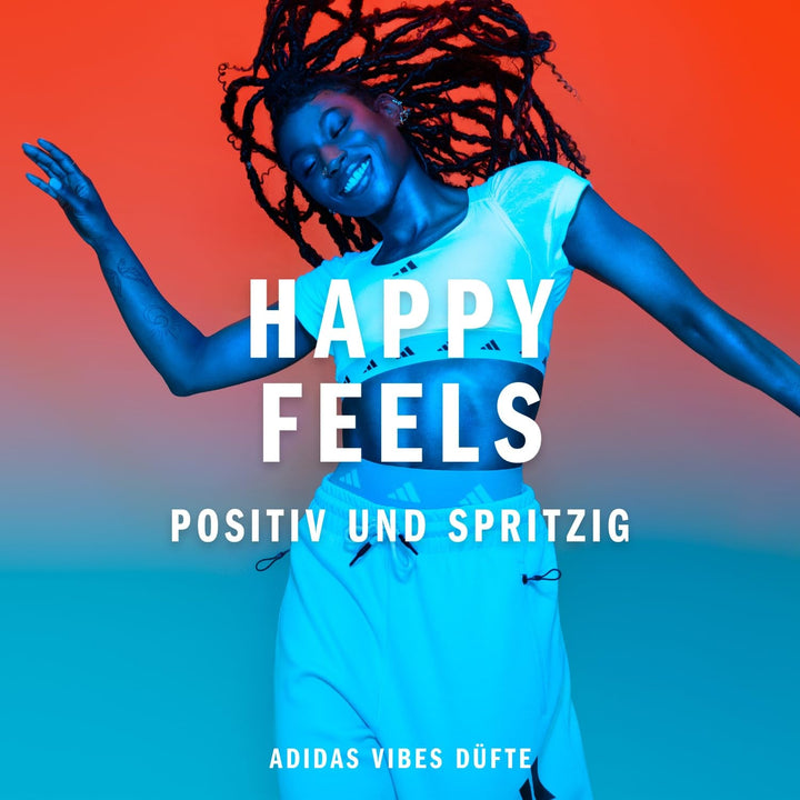 Adidas Vibes Happy Feels Eau De Parfum, un parfum unisex vesel, care îmbunătățește starea de spirit, cu note florale proaspete și uleiuri esențiale naturale, 100 ml