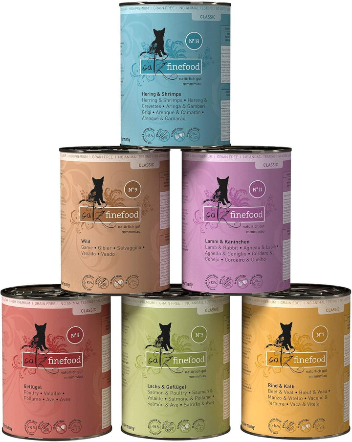 Catz Finefood Classic Collection Cat Food Wet XXL Mix Pack - Hrană umedă gourmet pentru pisica dvs. fără zahăr și cereale, fără gluten - cu conținut ridicat de carne, fabricată în Germania (12 X cutii de 400G)