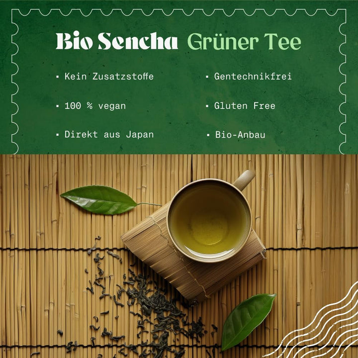 Naturalebio Ceai japonez Sencha – 200 g Ceai verde organic – 100% ceai verde Sencha pur și natural - vrac în frunze din prima recoltă – produs organic cultivat în Japonia