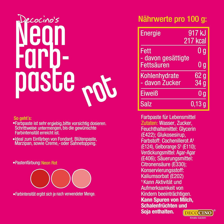 Decocino Neon Food Paste Red – Colorant alimentar cu doză mare – Pentru colorarea prăjiturilor, brioșelor, cupcake-urilor – Fără gust