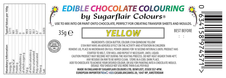 Colorant alimentar Sugarflair Chocolate Colorant alimentar galben pentru ciocolată - Unt de cacao organic colorat, colorant ciocolată pentru colorarea ciocolatei, praline - 35g