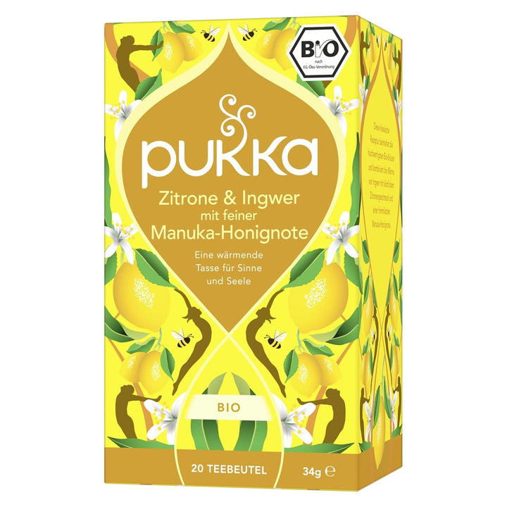 Pukka | Amestec de ceaiuri aromatizate bio „Lămâie și ghimbir cu o notă fină de miere de Manuka” | Încălzește-te și relaxează-te cu acest ceai | Pachet de 1 | 20 pliculețe de ceai