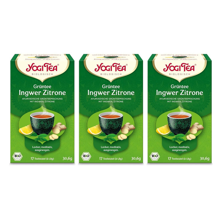 Yogi Tea - Ceai verde cu ghimbir și lămâie, ceai ayurvedic organic cu condimente și plante, amestec de ceai verde, ghimbir și lămâie, pachet de 3 ceaiuri Yogi, 3X17 pliculețe (51 pliculețe de ceai în total), ideal ca cadou